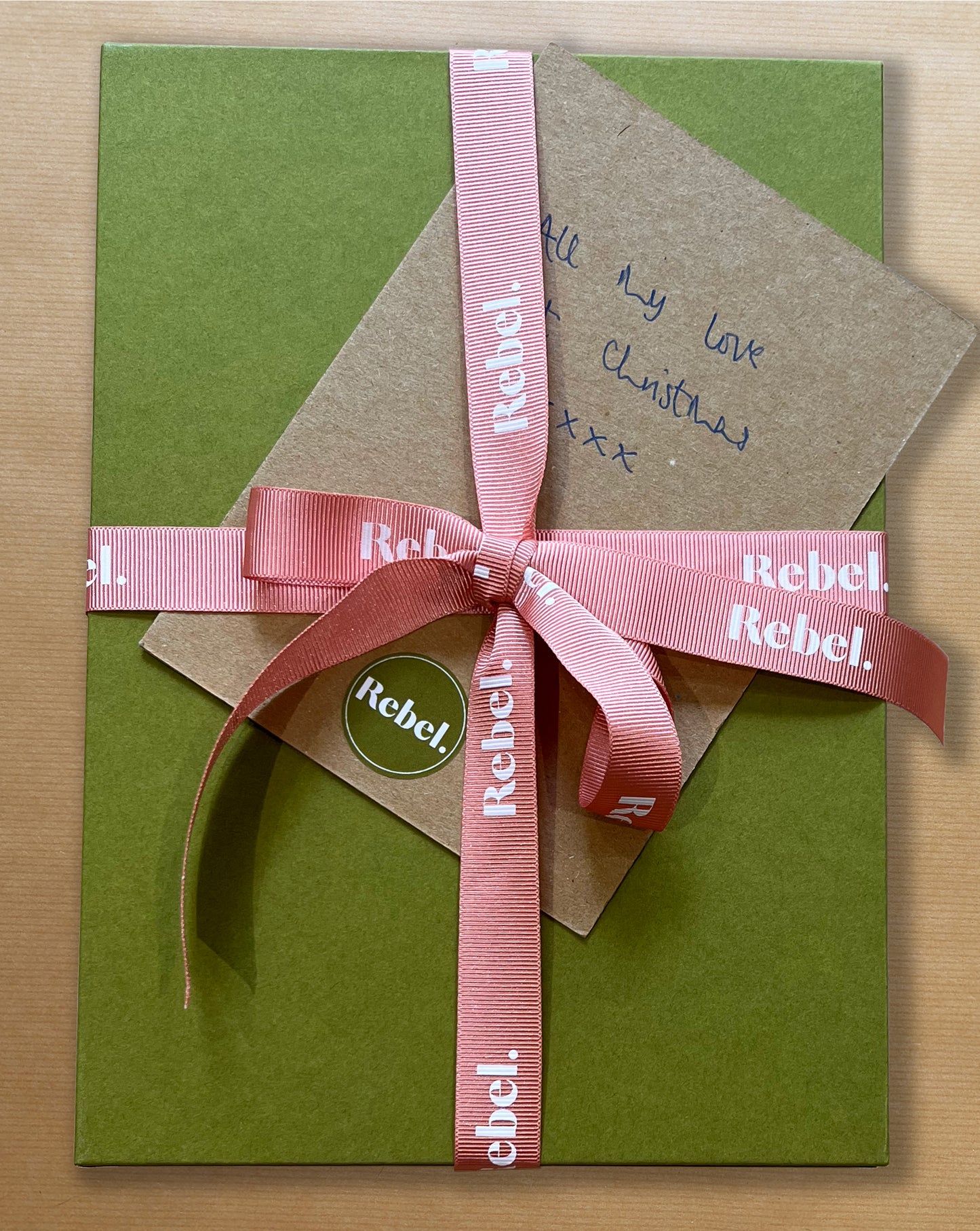 Rebel Stationery Gift Wrapping Green Slipcase with Pink Ribbon & handwritten message