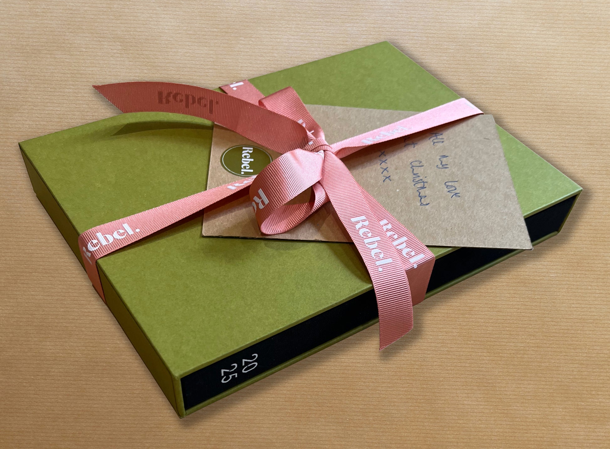 Rebel Stationery Gift Wrapping Green Slipcase with Pink Ribbon & Handwritten Message